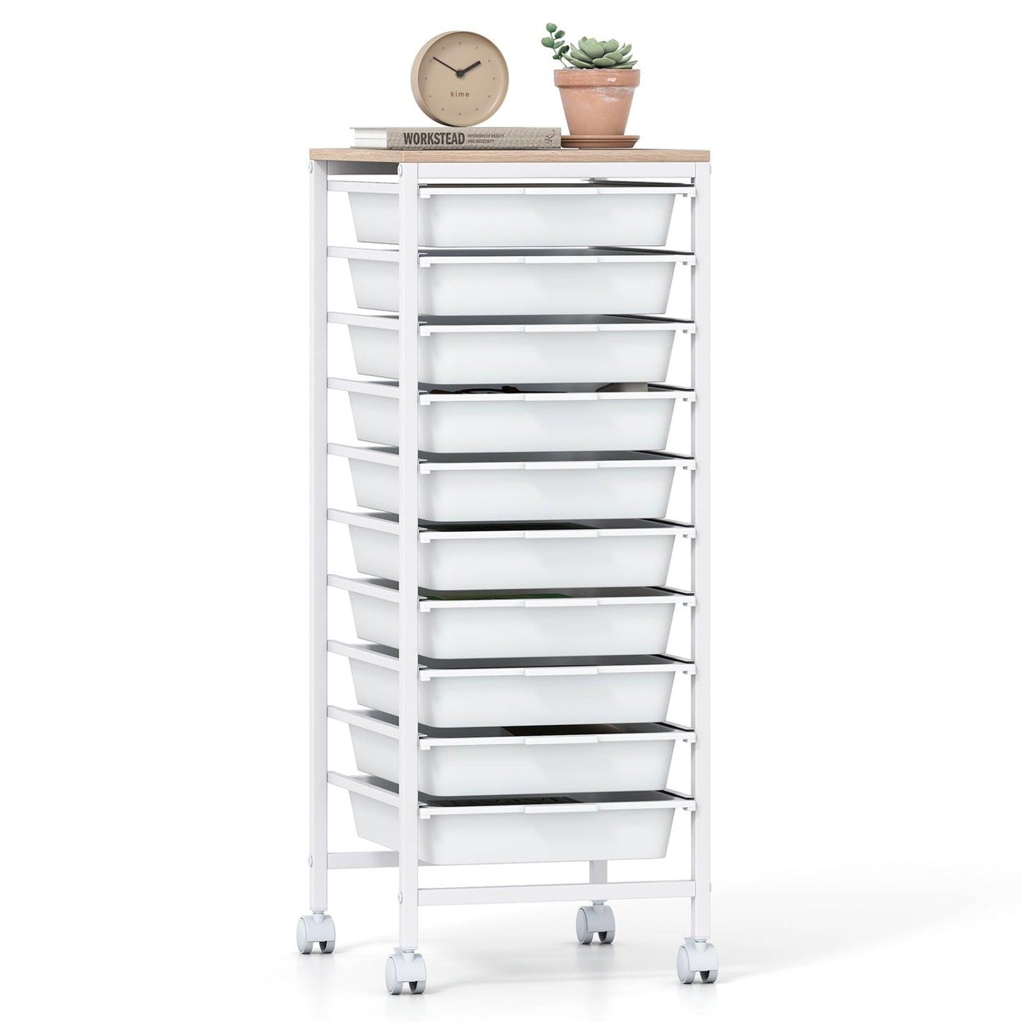 10-Drawer Rolling Storage Cart Mobile Utility Organizer with Wooden Tabletop and Lockable Wheels