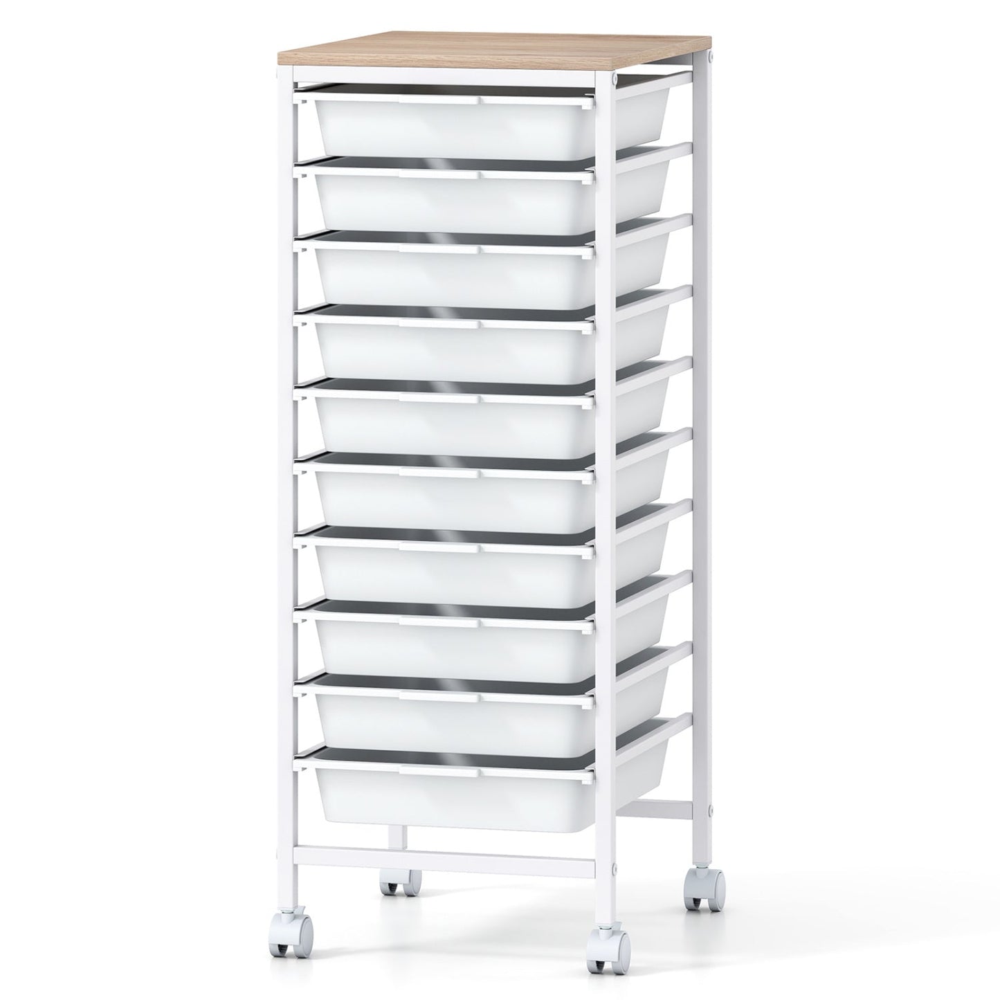 10-Drawer Rolling Storage Cart Mobile Utility Organizer with Wooden Tabletop and Lockable Wheels