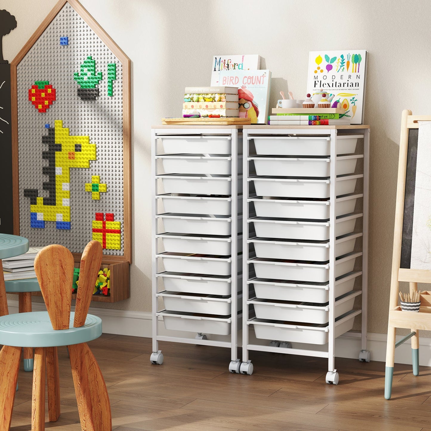 10-Drawer Rolling Storage Cart Mobile Utility Organizer with Wooden Tabletop and Lockable Wheels
