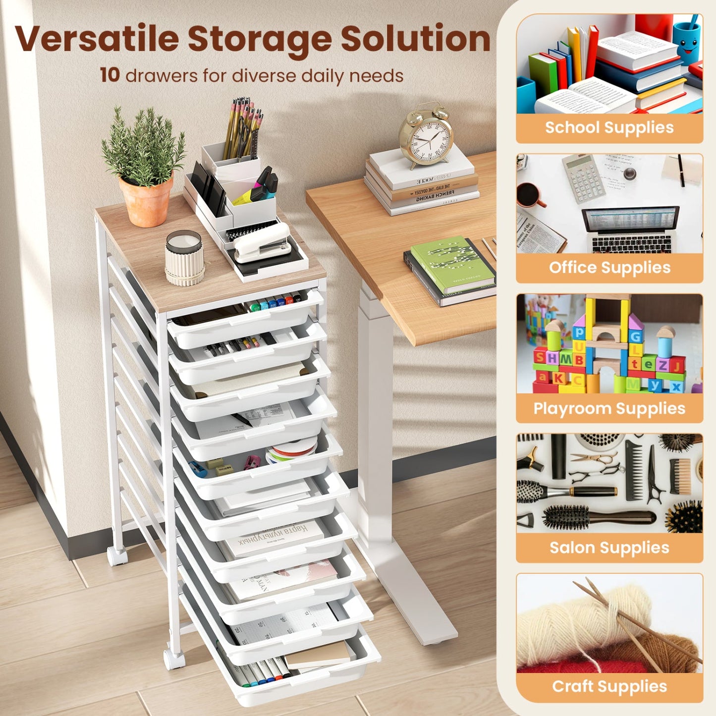 10-Drawer Rolling Storage Cart Mobile Utility Organizer with Wooden Tabletop and Lockable Wheels