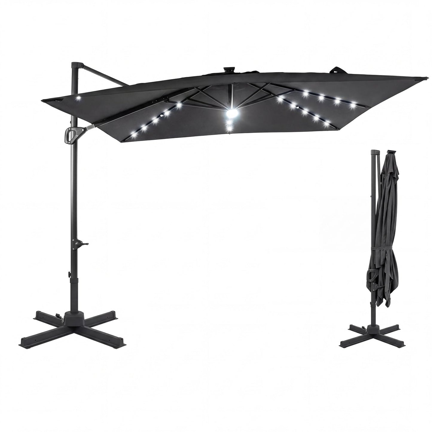 10 FT Cantilever Patio Umbrella with Solar LED Lights for Pool and Garden