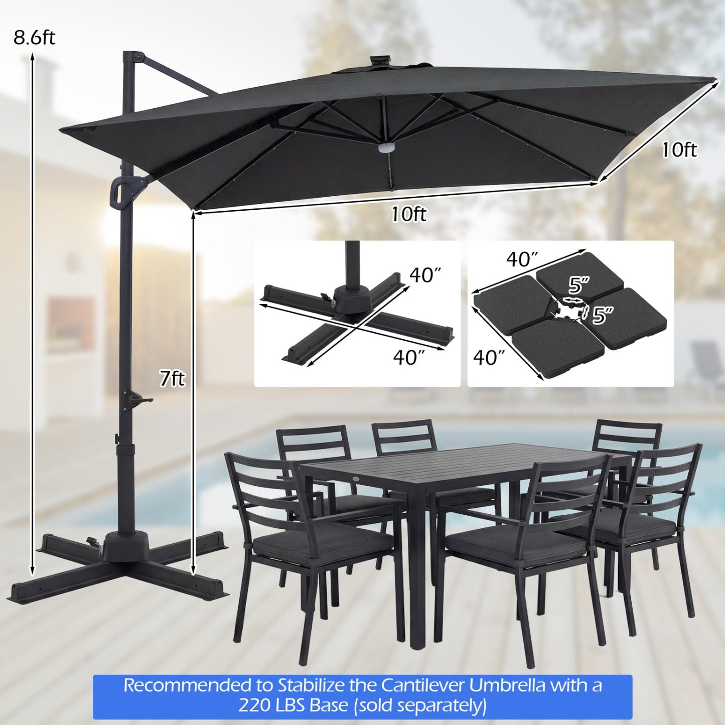 10 FT Cantilever Patio Umbrella with Solar LED Lights for Pool and Garden