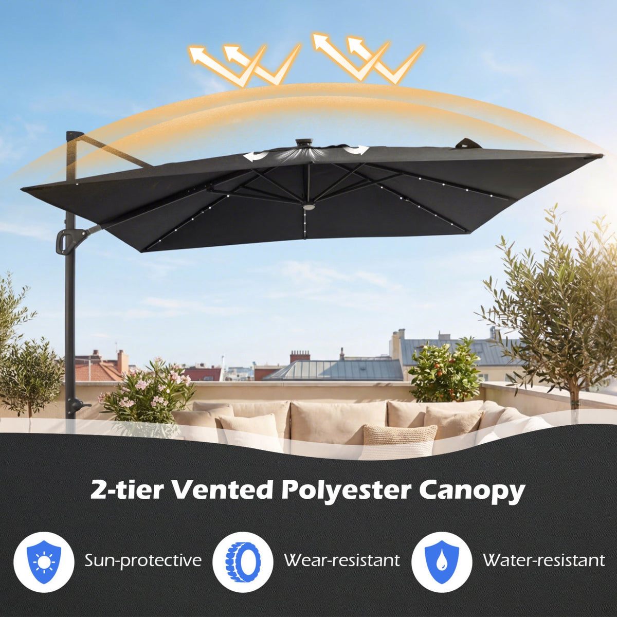 10 FT Cantilever Patio Umbrella with Solar LED Lights for Pool and Garden