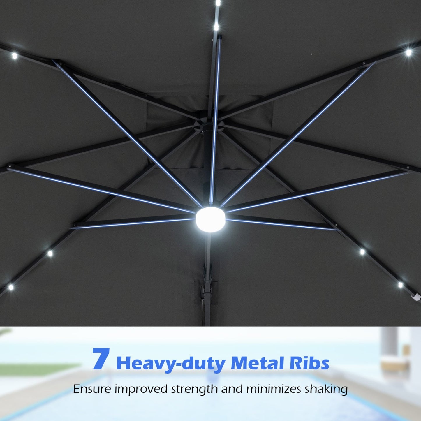 10 FT Cantilever Patio Umbrella with Solar LED Lights for Pool and Garden