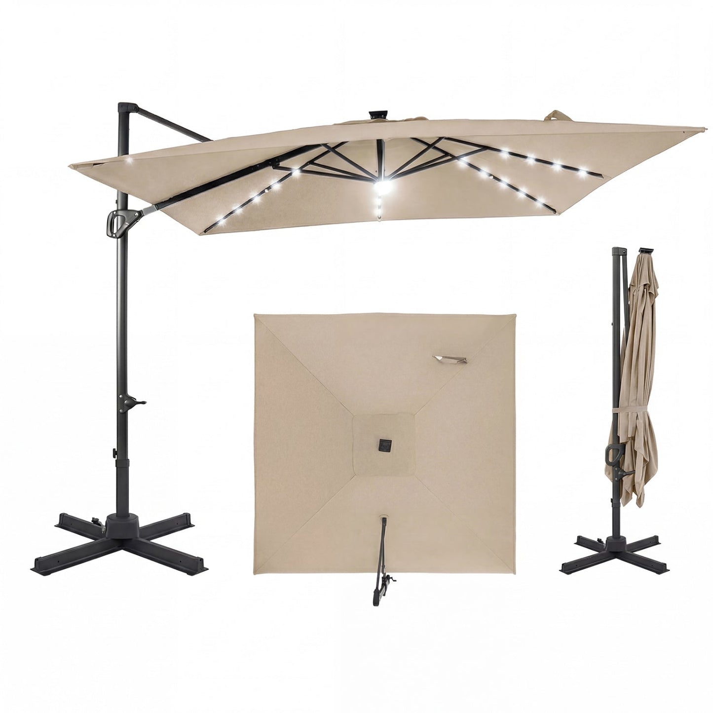 10 FT Cantilever Patio Umbrella with Solar LED Lights for Pool and Garden