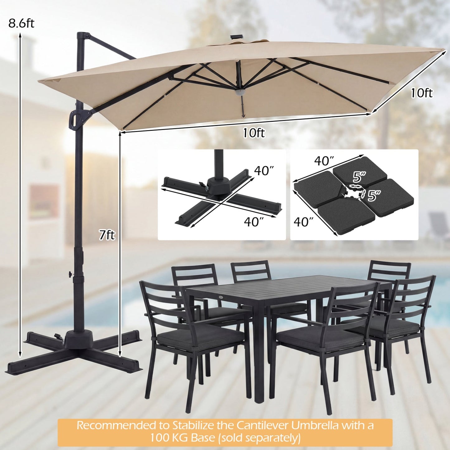 10 FT Cantilever Patio Umbrella with Solar LED Lights for Pool and Garden
