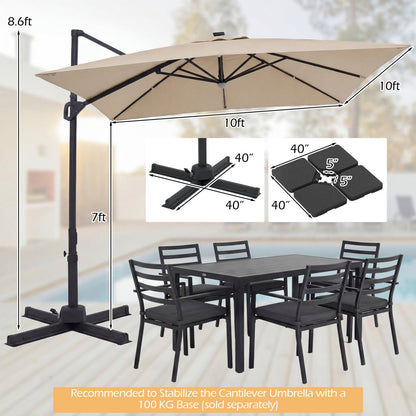 10 FT Cantilever Patio Umbrella with Solar LED Lights for Pool and Garden