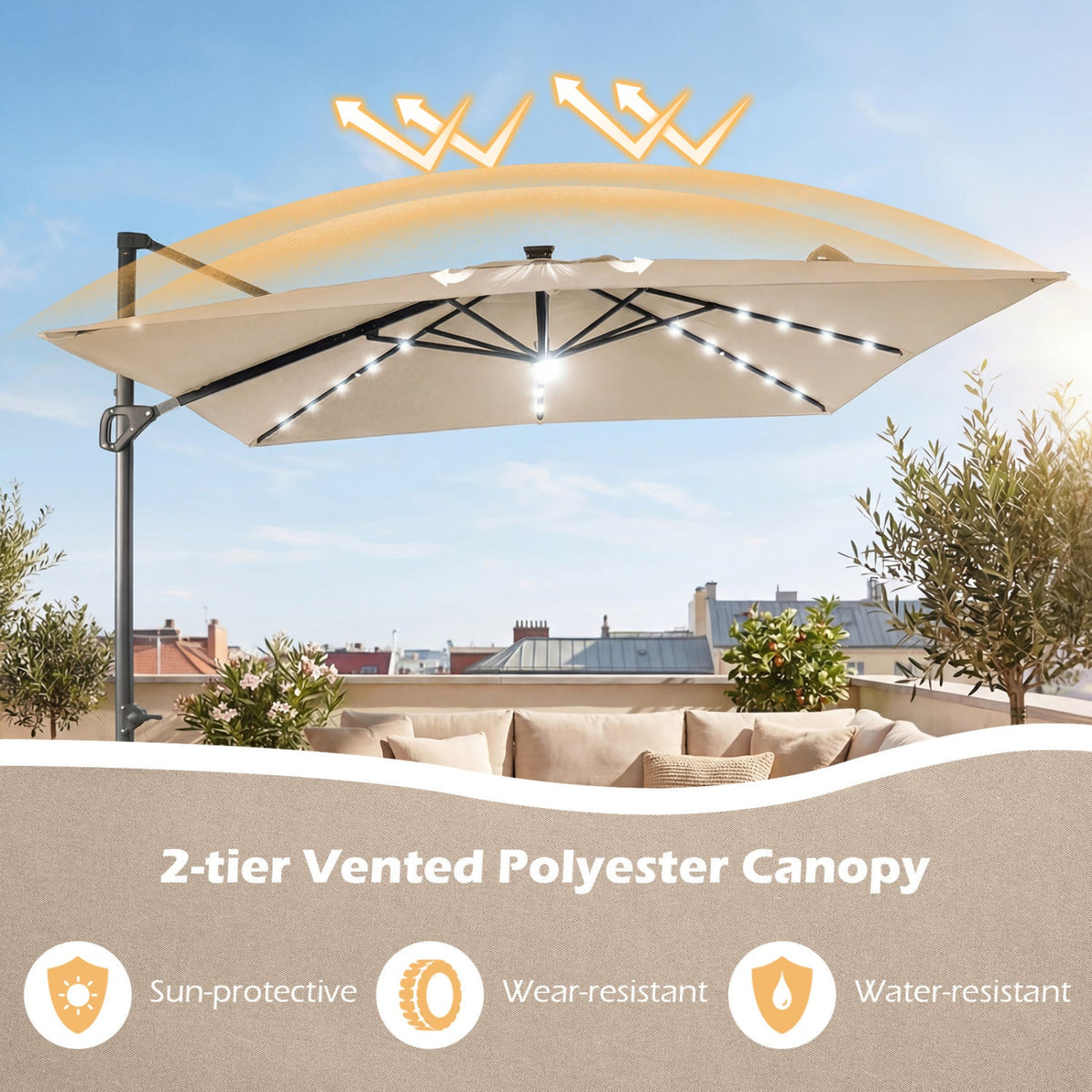 10 FT Cantilever Patio Umbrella with Solar LED Lights for Pool and Garden