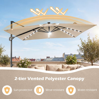 10 FT Cantilever Patio Umbrella with Solar LED Lights for Pool and Garden