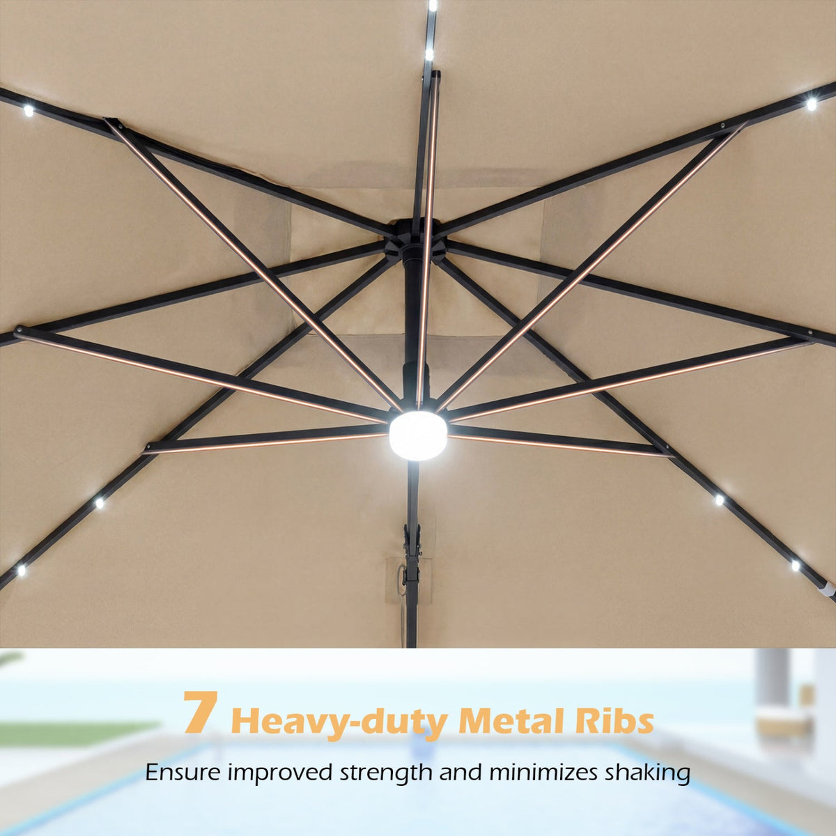 10 FT Cantilever Patio Umbrella with Solar LED Lights for Pool and Garden