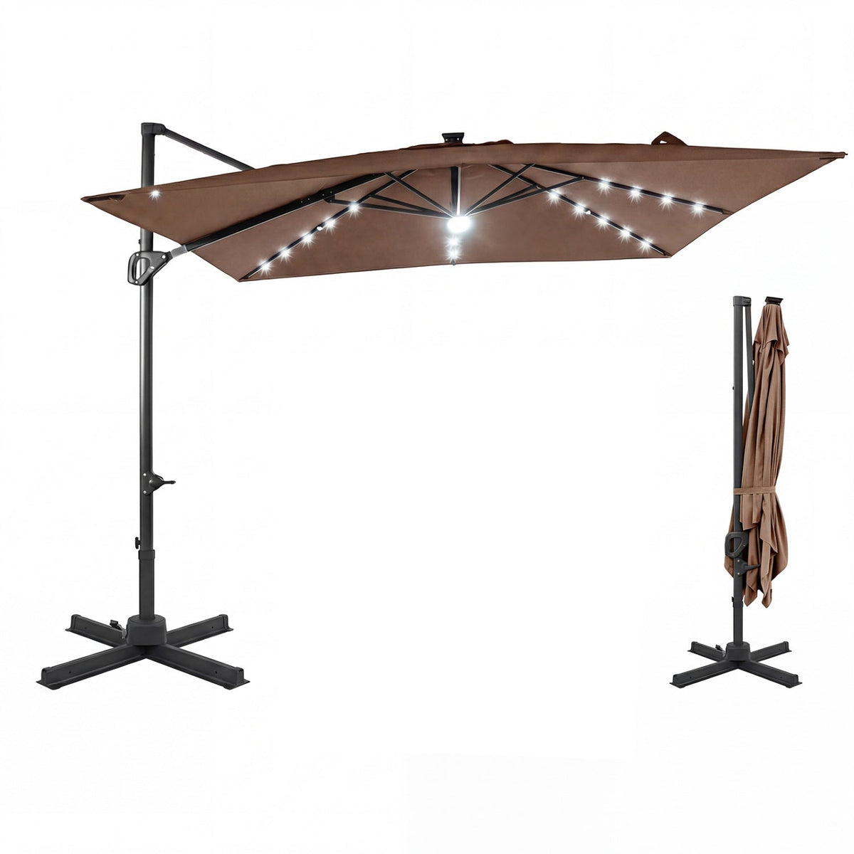 10 FT Cantilever Patio Umbrella with Solar LED Lights for Pool and Garden