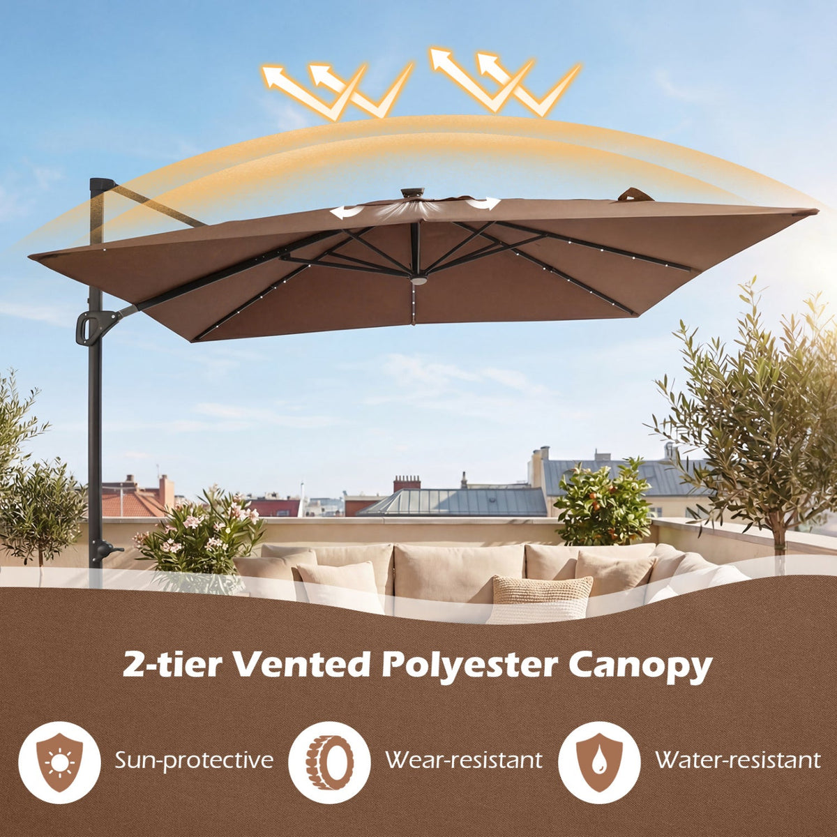10 FT Cantilever Patio Umbrella with Solar LED Lights for Pool and Garden
