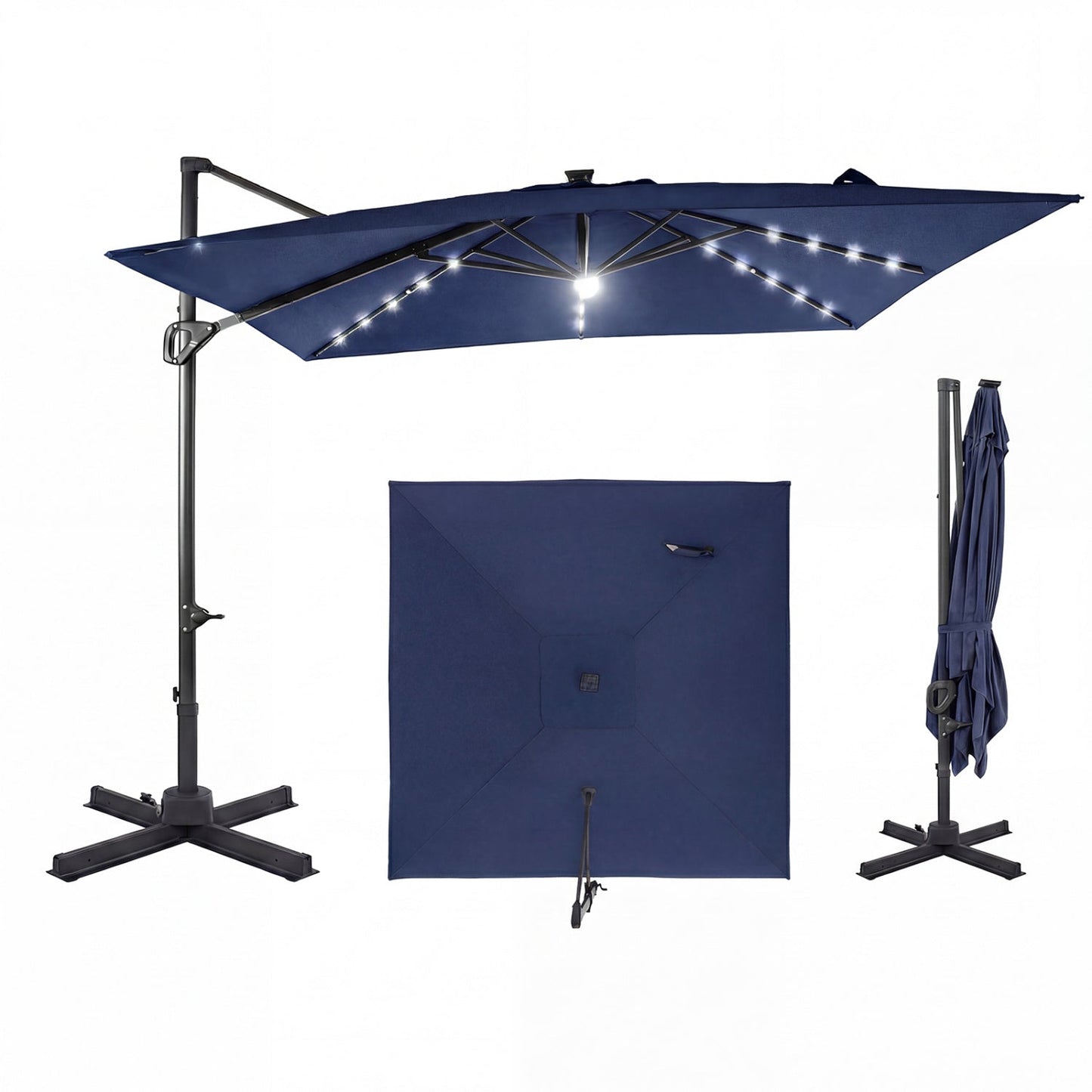 10 FT Cantilever Patio Umbrella with Solar LED Lights for Pool and Garden