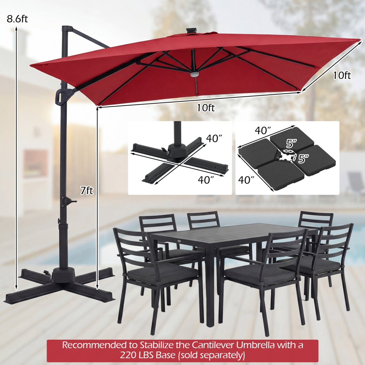 10 FT Cantilever Patio Umbrella with Solar LED Lights for Pool and Garden