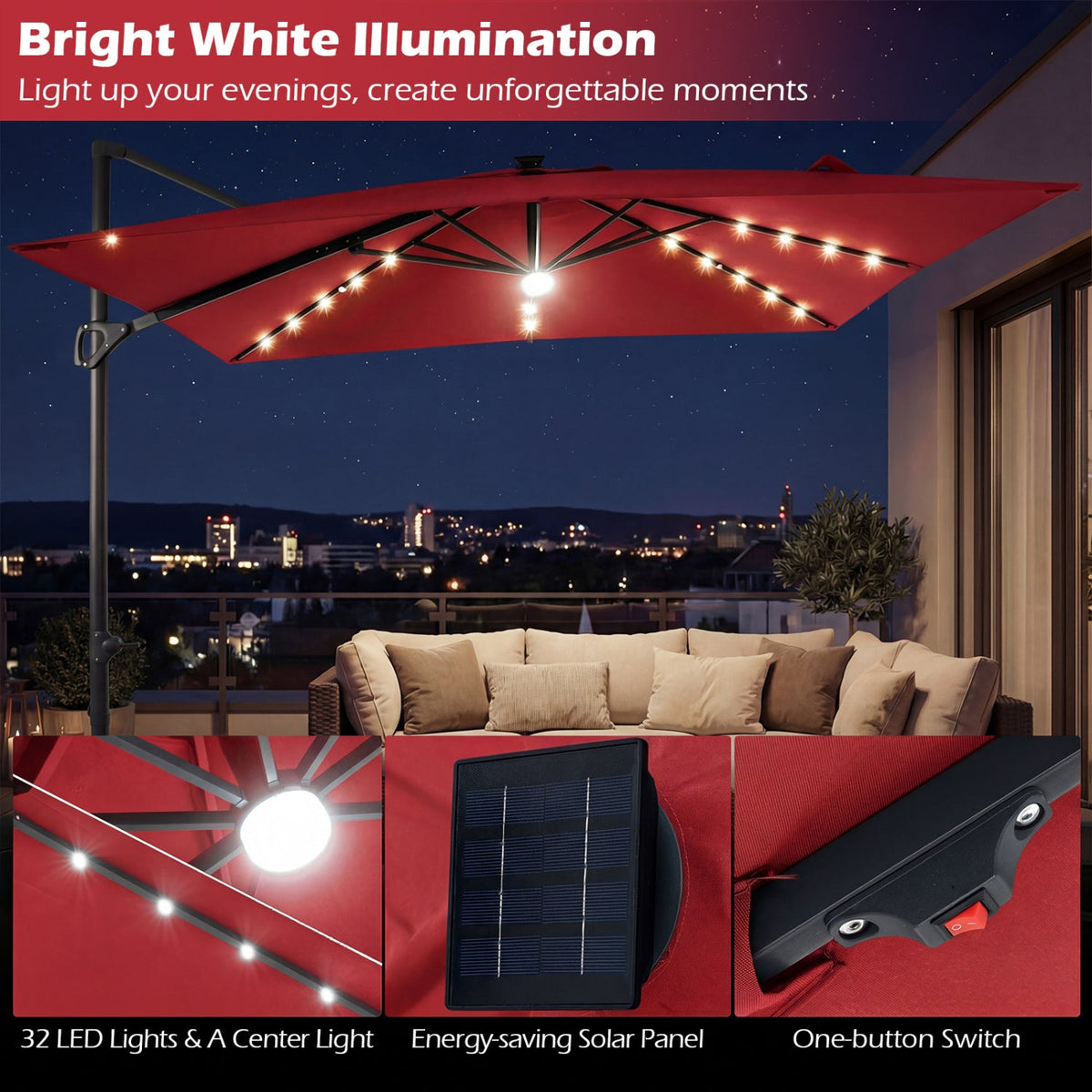 10 FT Cantilever Patio Umbrella with Solar LED Lights for Pool and Garden