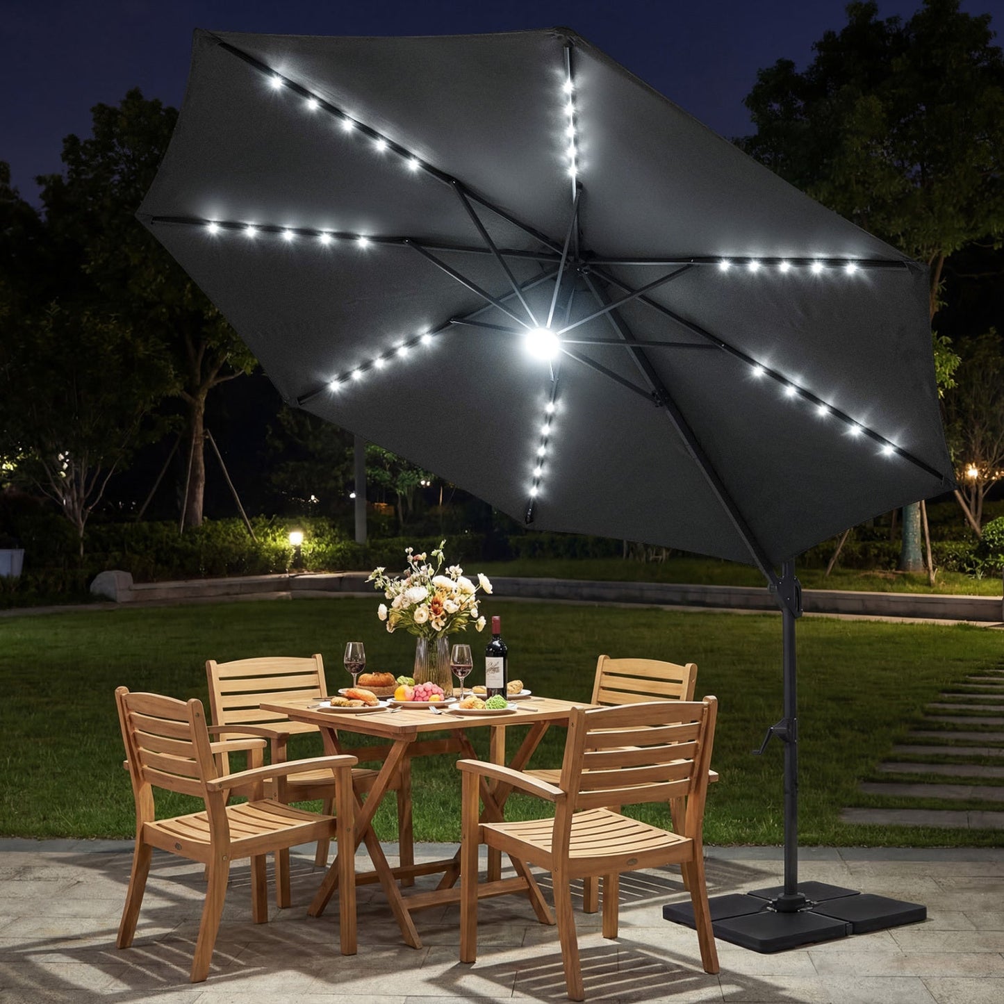10 FT Cantilever Patio Umbrella with Solar LED Lights 360° Rotation