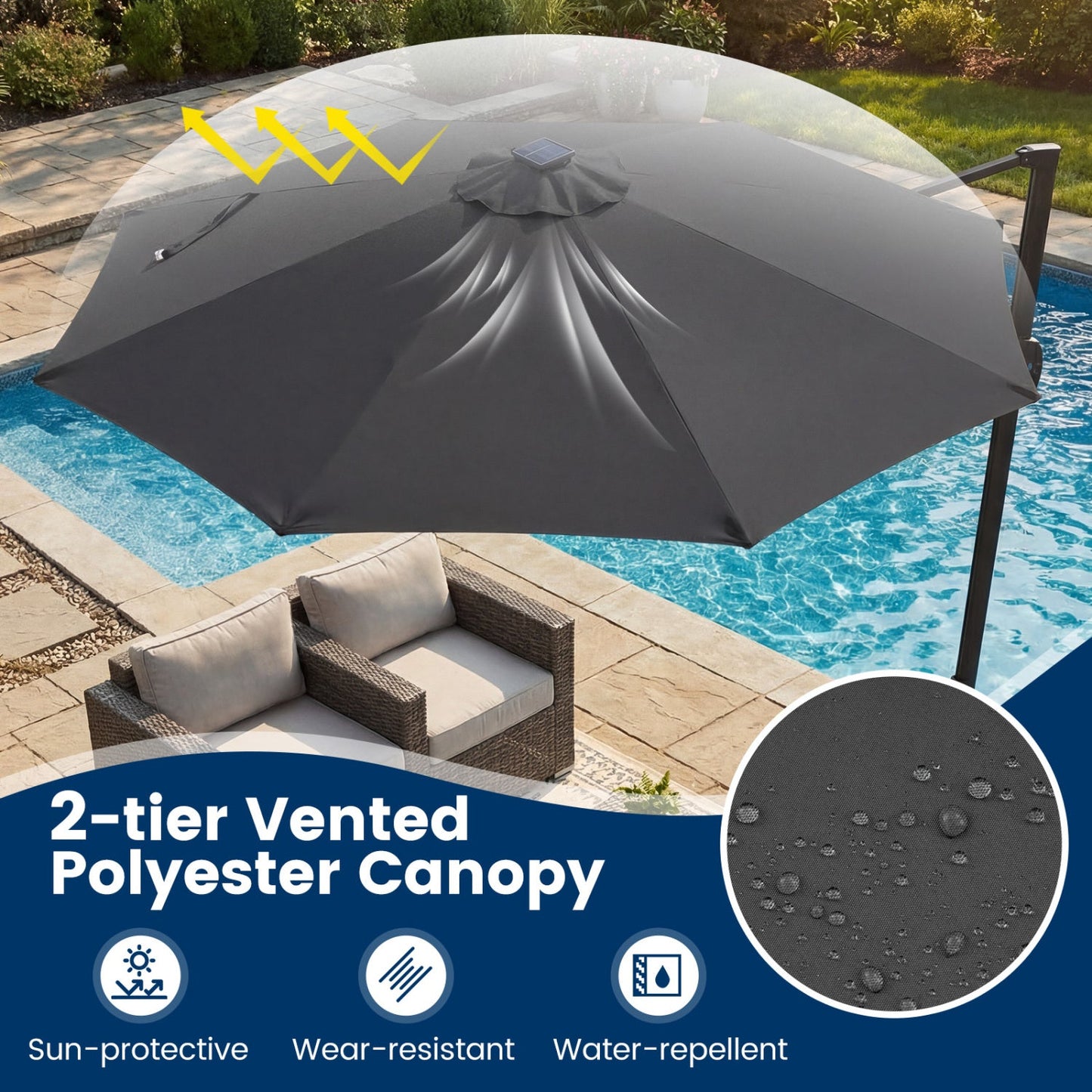 10 FT Cantilever Patio Umbrella with Solar LED Lights 360° Rotation