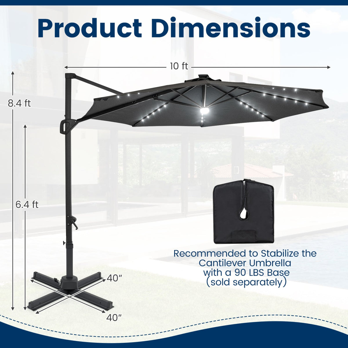 10 FT Cantilever Patio Umbrella with Solar LED Lights 360° Rotation
