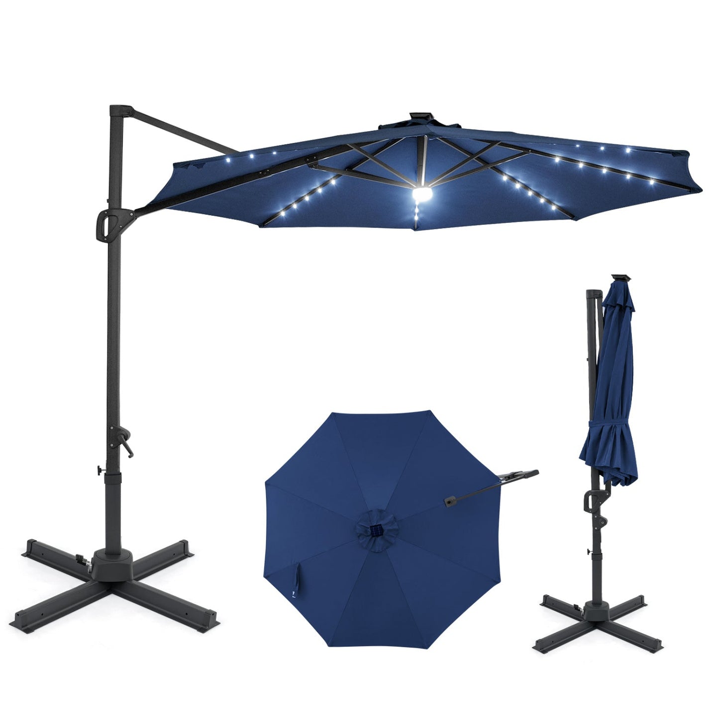 10 FT Cantilever Patio Umbrella with Solar LED Lights 360° Rotation