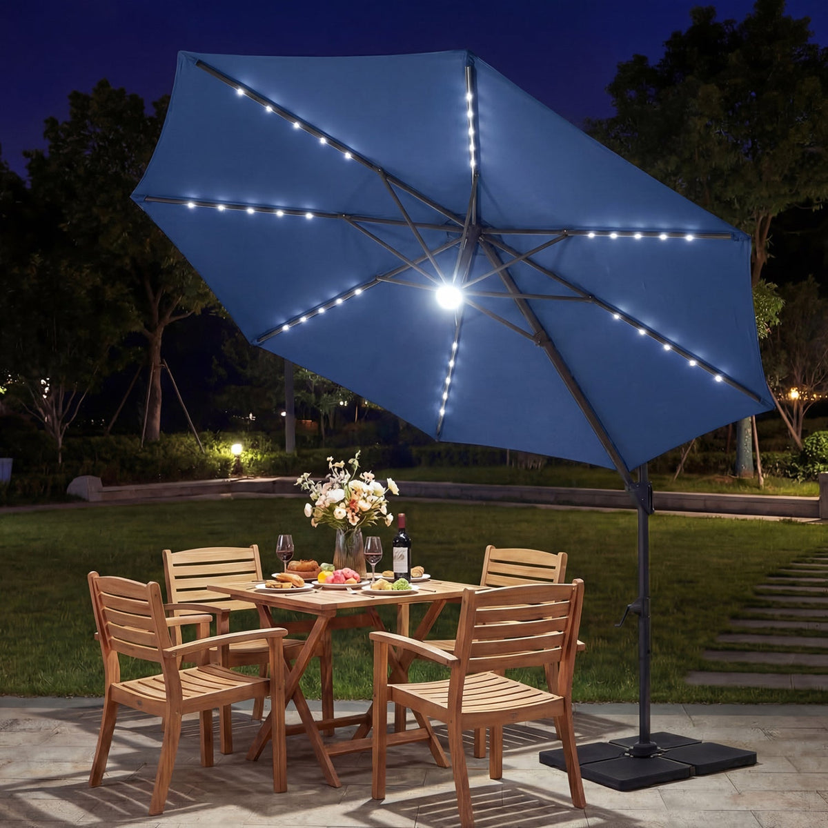 10 FT Cantilever Patio Umbrella with Solar LED Lights 360° Rotation