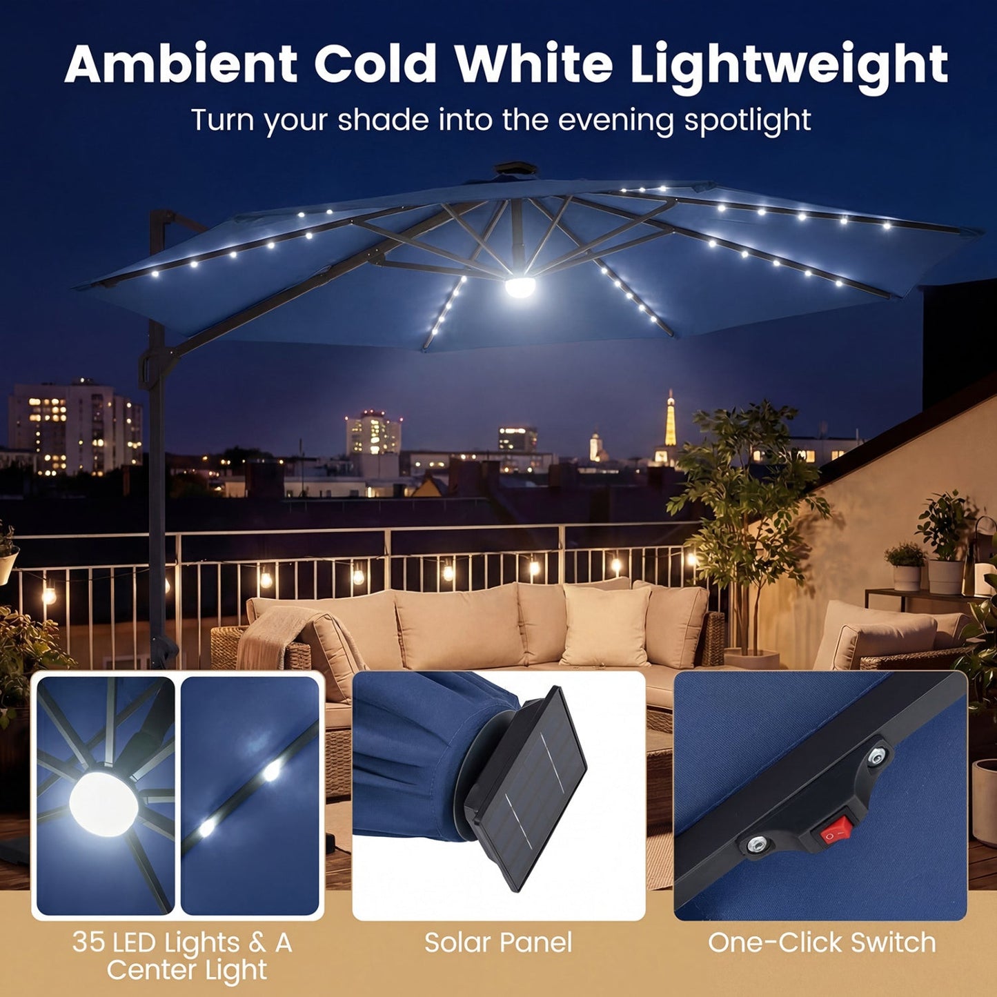 10 FT Cantilever Patio Umbrella with Solar LED Lights 360° Rotation
