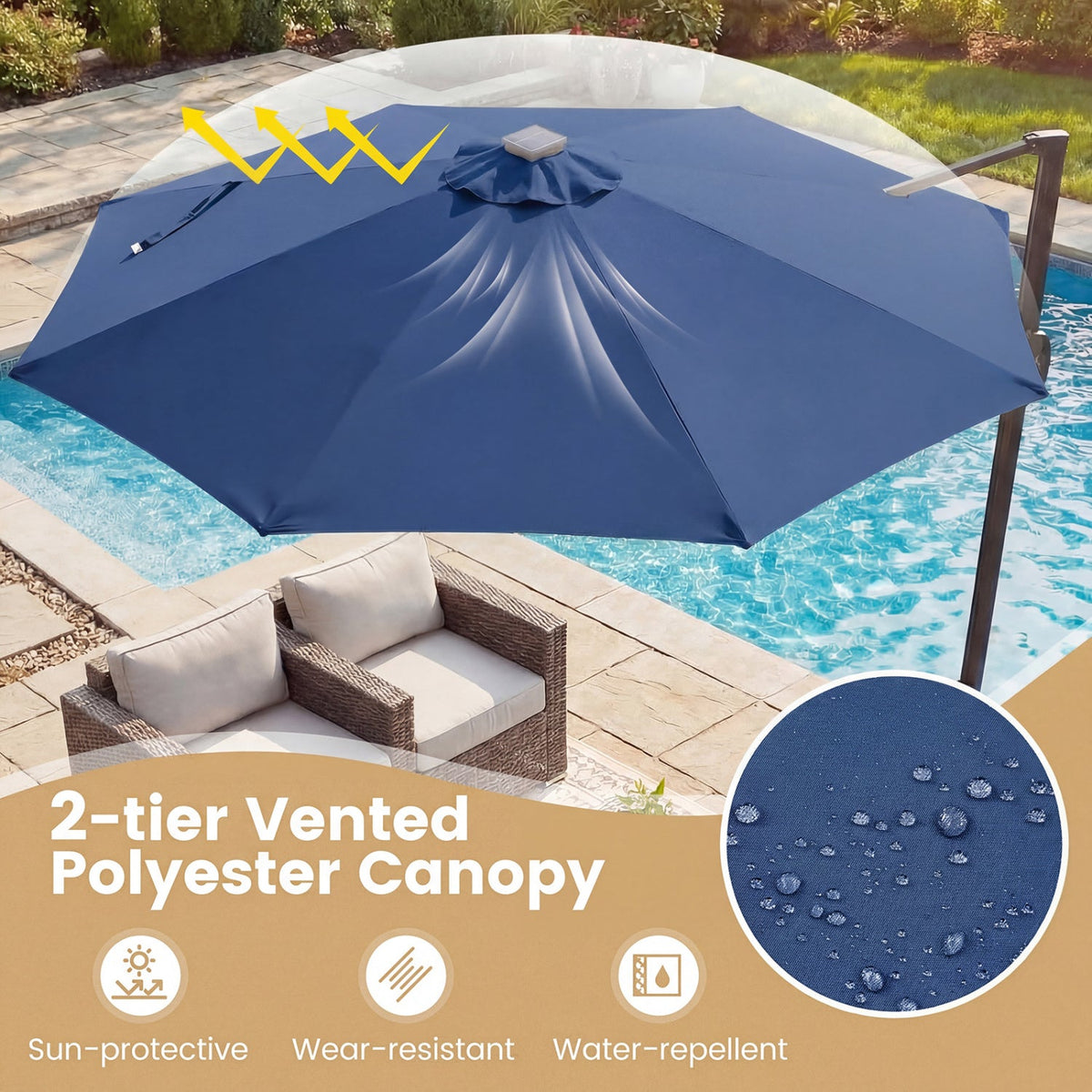 10 FT Cantilever Patio Umbrella with Solar LED Lights 360° Rotation
