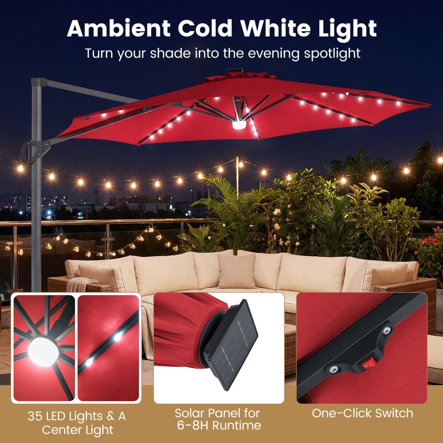 10 FT Cantilever Patio Umbrella with Solar LED Lights 360° Rotation