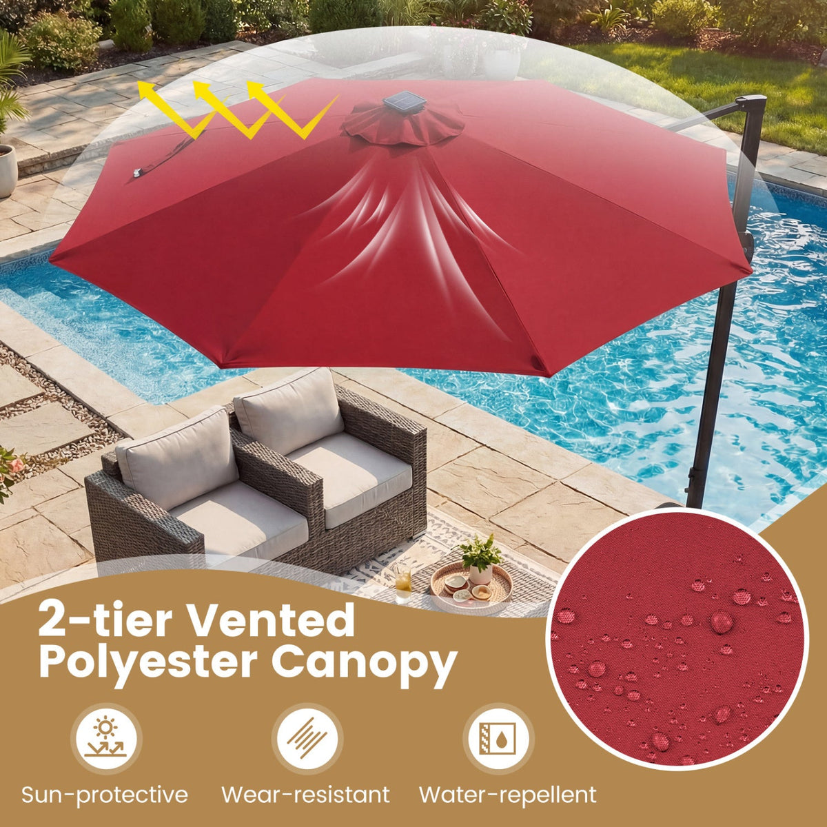 10 FT Cantilever Patio Umbrella with Solar LED Lights 360° Rotation
