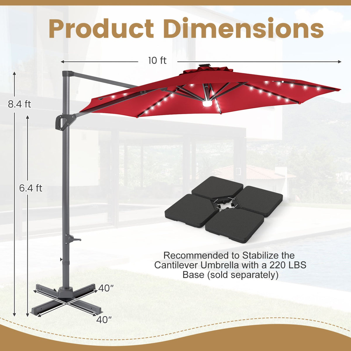 10 FT Cantilever Patio Umbrella with Solar LED Lights 360° Rotation