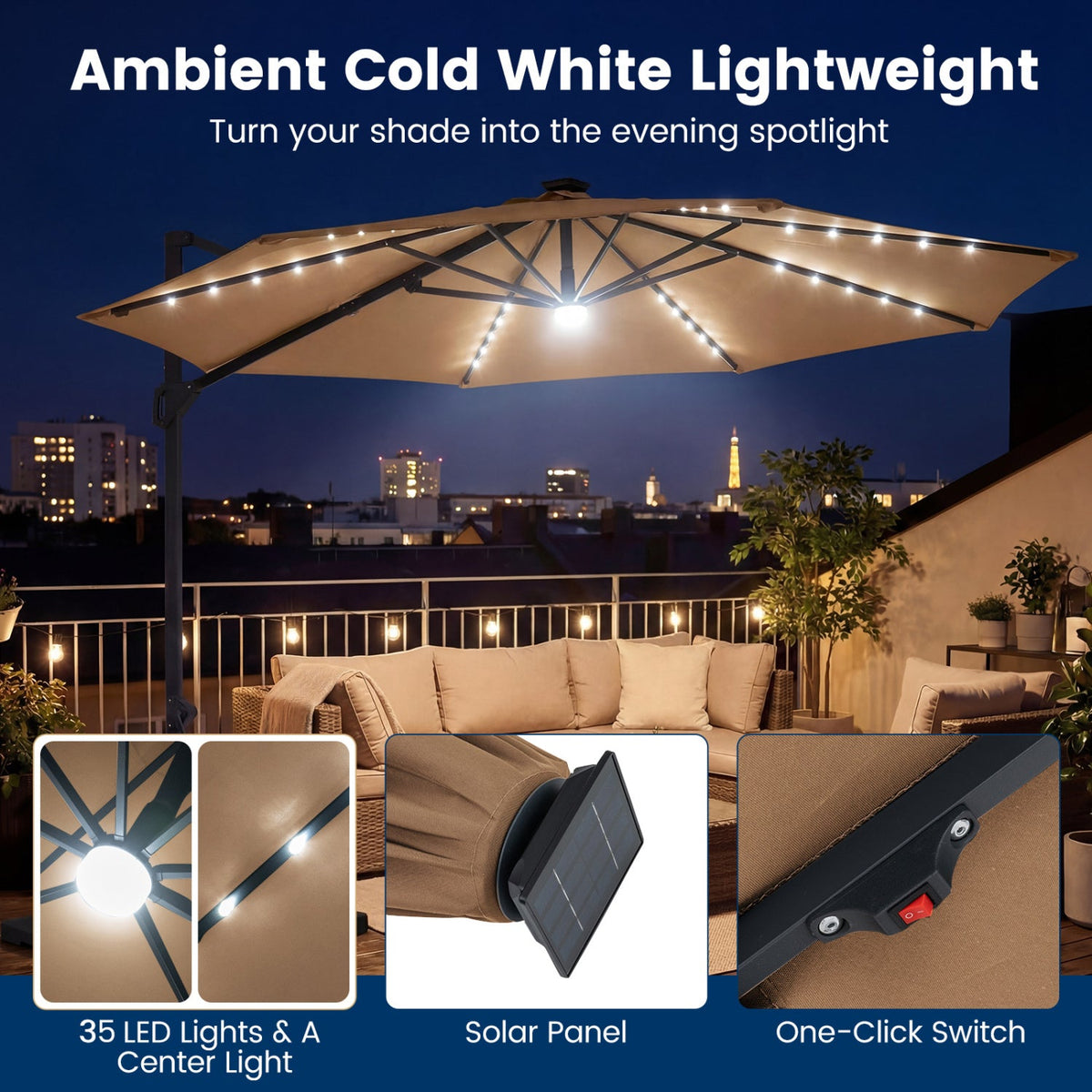 10 FT Cantilever Patio Umbrella with Solar LED Lights 360° Rotation