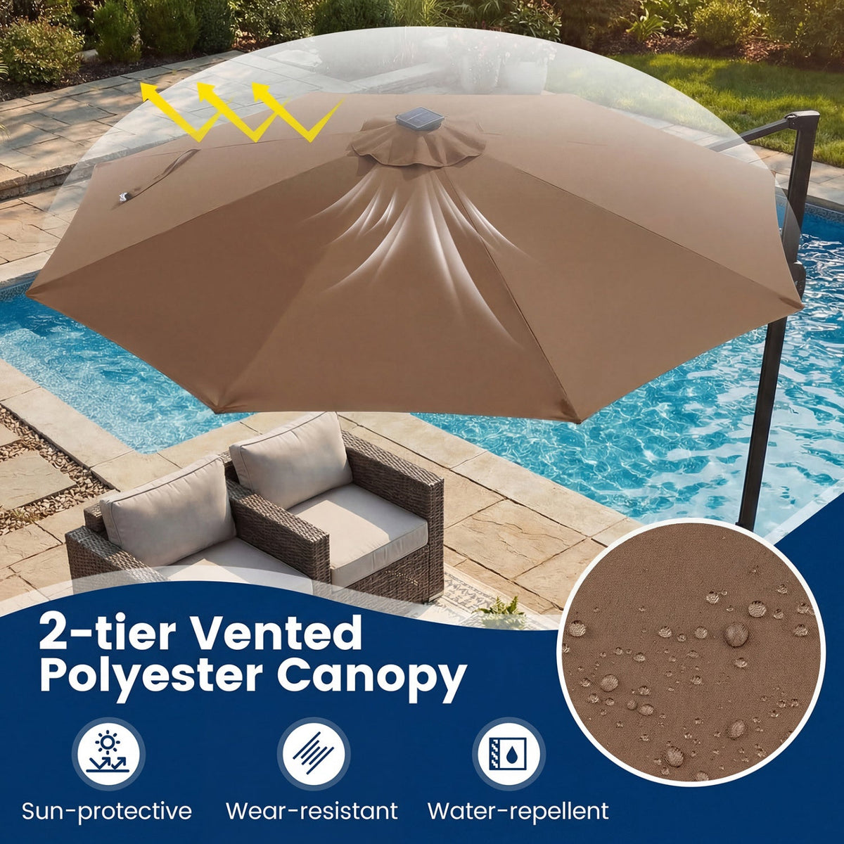 10 FT Cantilever Patio Umbrella with Solar LED Lights 360° Rotation