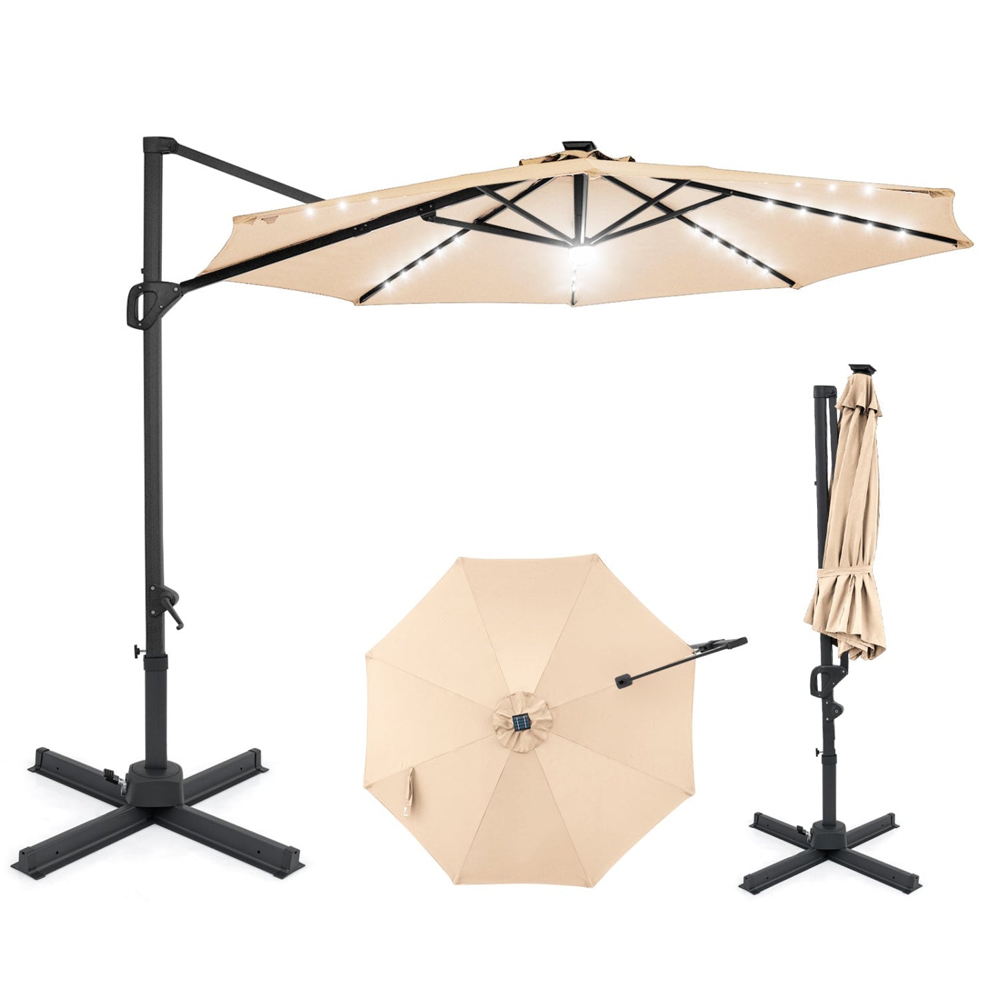 10 FT Cantilever Patio Umbrella with Solar LED Lights 360° Rotation