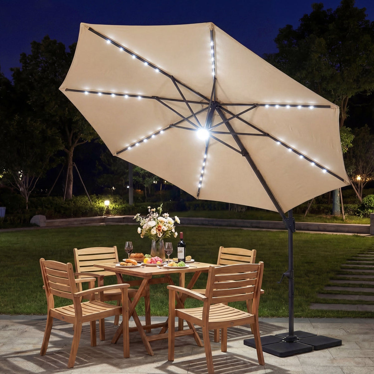 10 FT Cantilever Patio Umbrella with Solar LED Lights 360° Rotation