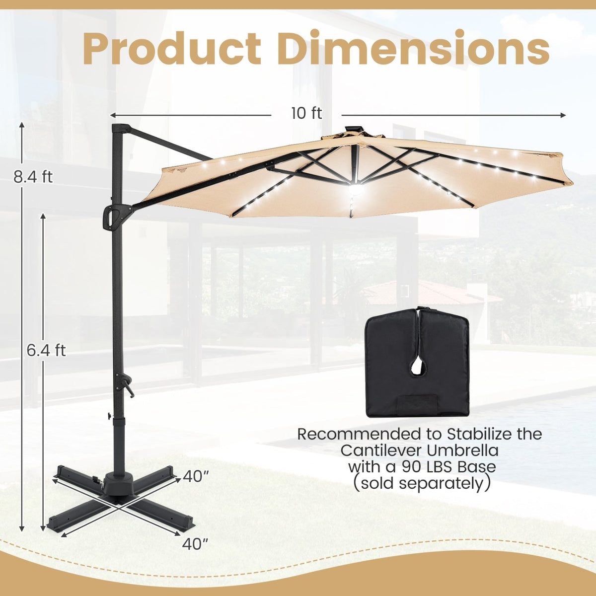 10 FT Cantilever Patio Umbrella with Solar LED Lights 360° Rotation