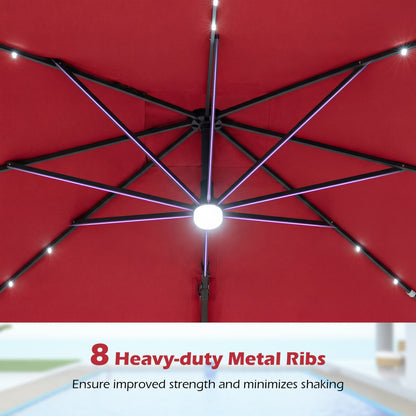 10 FT Cantilever Patio Umbrella with Solar LED Lights & Base