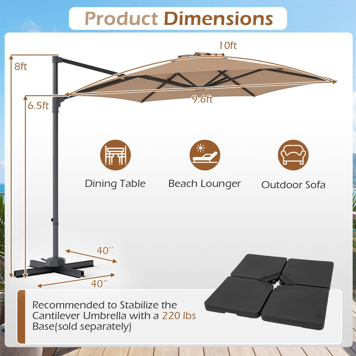 10 FT Patio Cantilever Umbrella with 360° Rotation and Air Vent for Backyard and Poolside