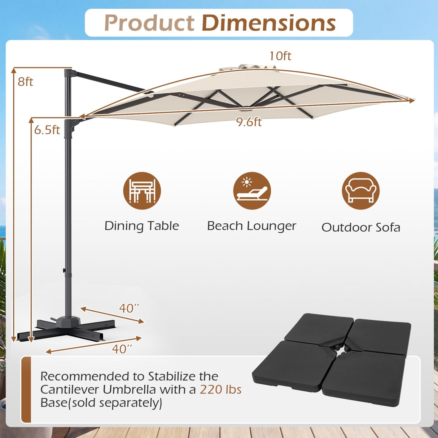 10 FT Patio Cantilever Umbrella with 360° Rotation and Air Vent for Backyard and Poolside