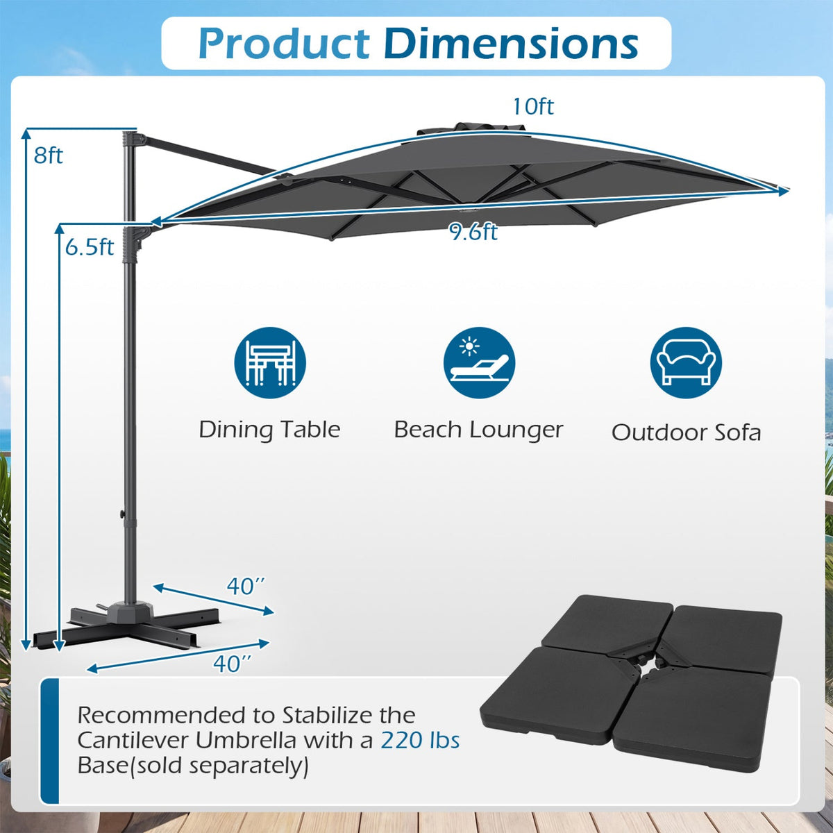 10 FT Patio Cantilever Umbrella with 360° Rotation and Air Vent for Backyard and Poolside