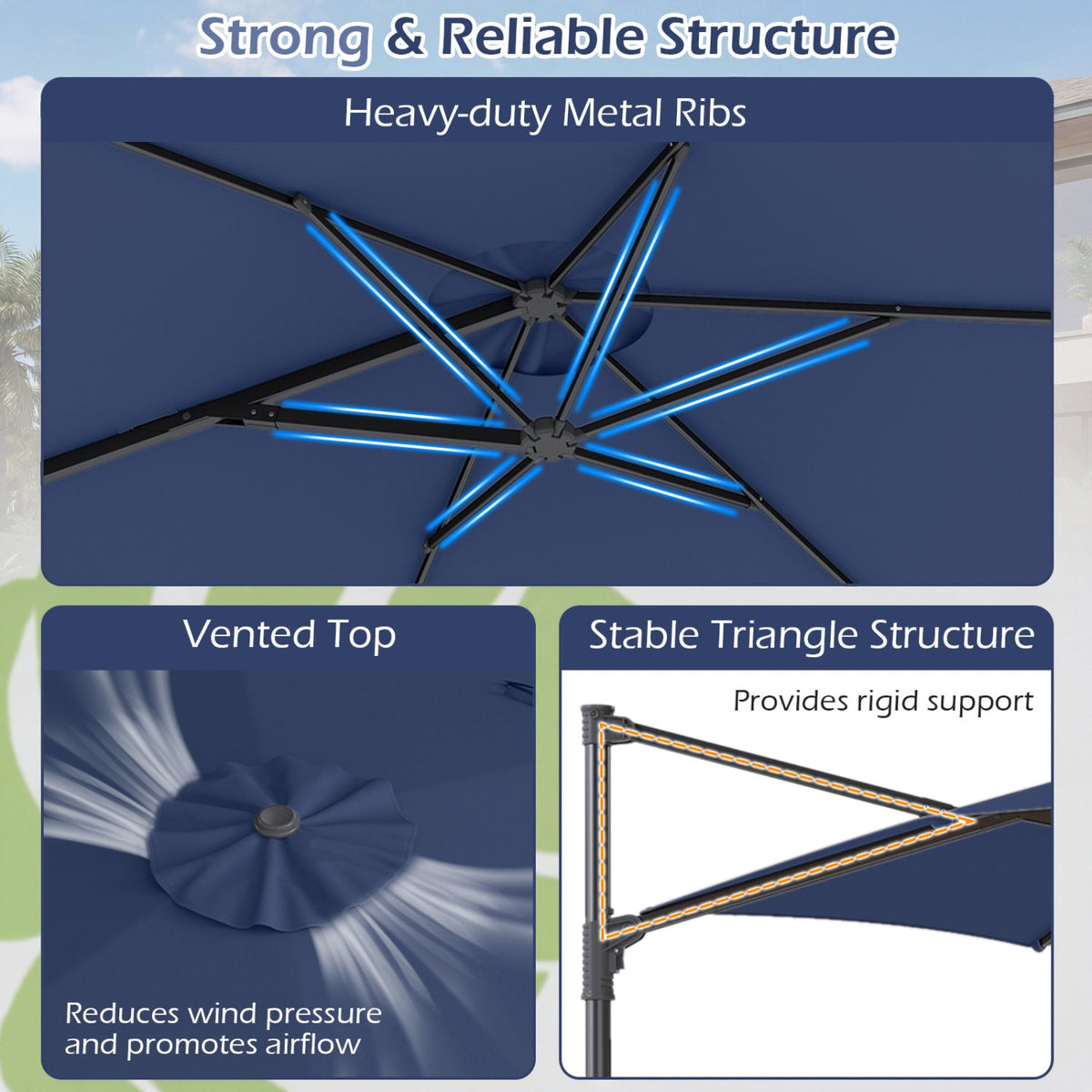 10 FT Patio Cantilever Umbrella with 360° Rotation and Air Vent for Backyard and Poolside