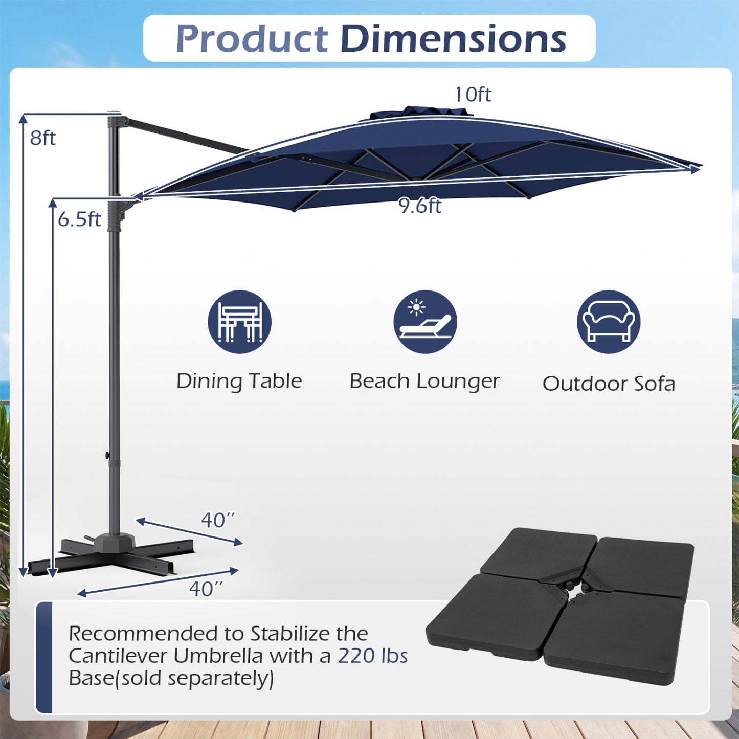 10 FT Patio Cantilever Umbrella with 360° Rotation and Air Vent for Backyard and Poolside