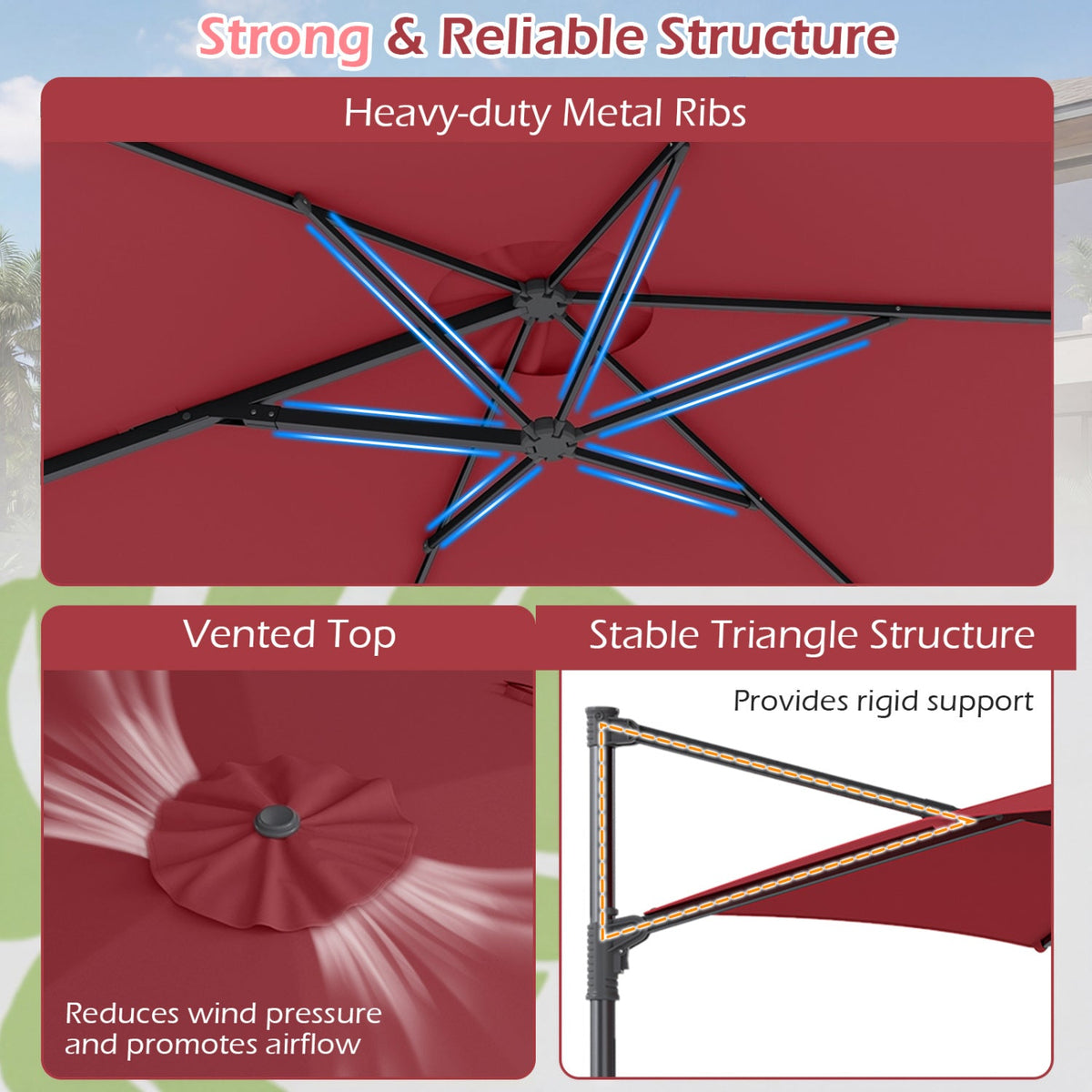 10 FT Patio Cantilever Umbrella with 360° Rotation and Air Vent for Backyard and Poolside