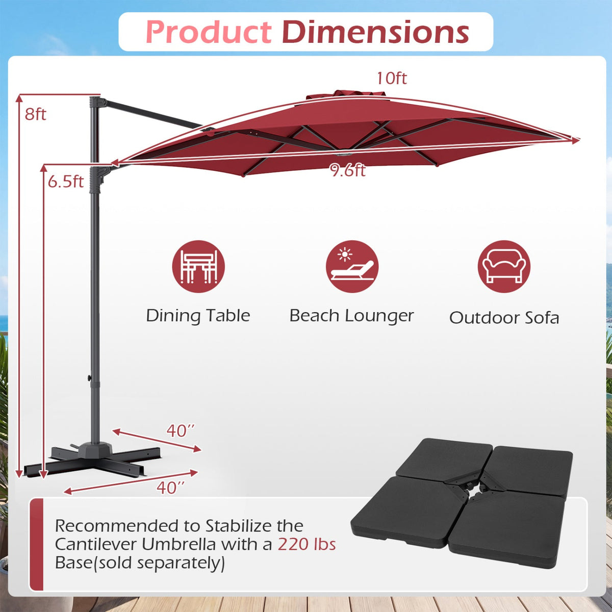 10 FT Patio Cantilever Umbrella with 360° Rotation and Air Vent for Backyard and Poolside