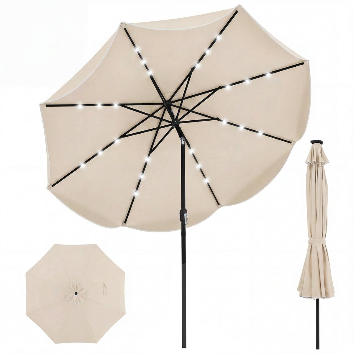 10 FT Scalloped Solar Patio Umbrella with 24 LED Lights and Tilt Adjustment
