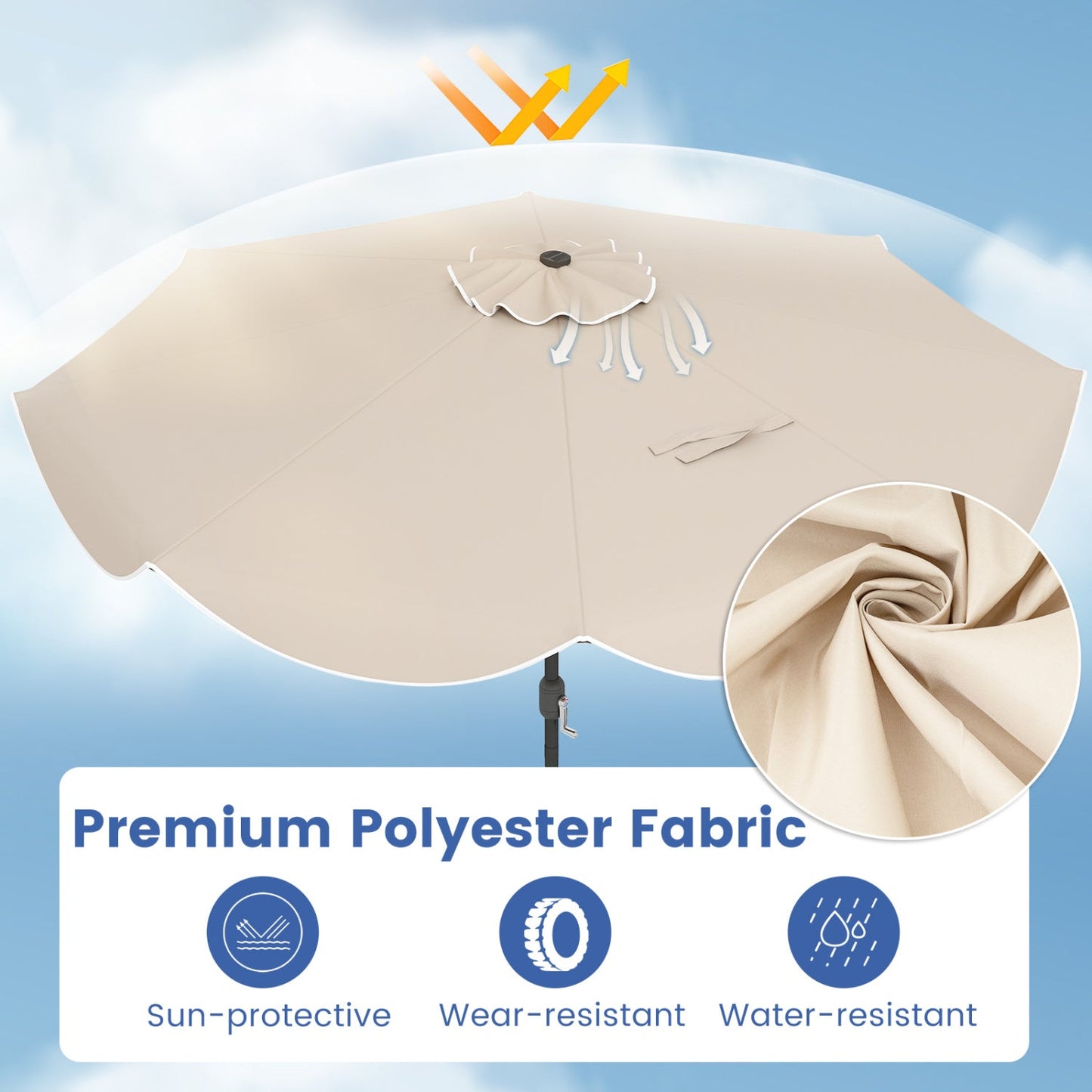 10 FT Scalloped Solar Patio Umbrella with 24 LED Lights and Tilt Adjustment