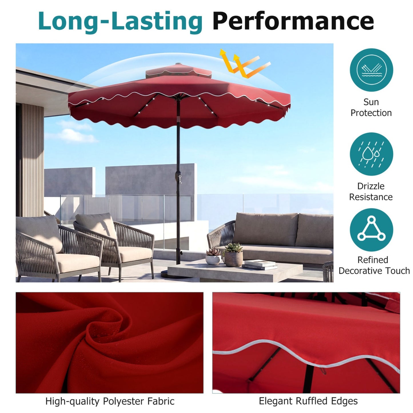 10 FT Solar LED Patio Umbrella for Deck and Pool
