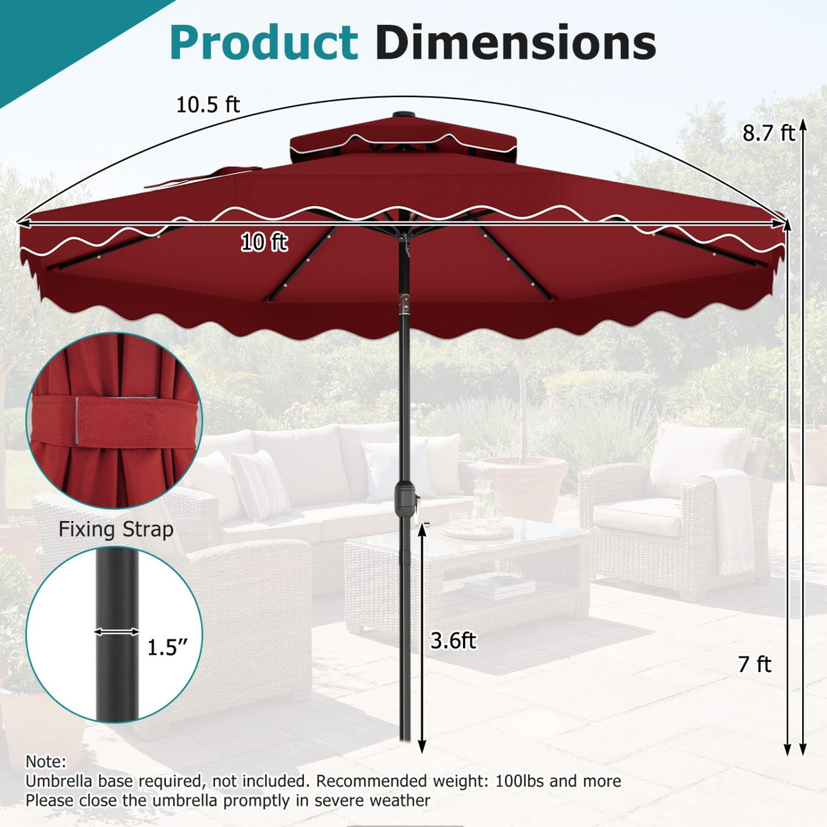 10 FT Solar LED Patio Umbrella for Deck and Pool