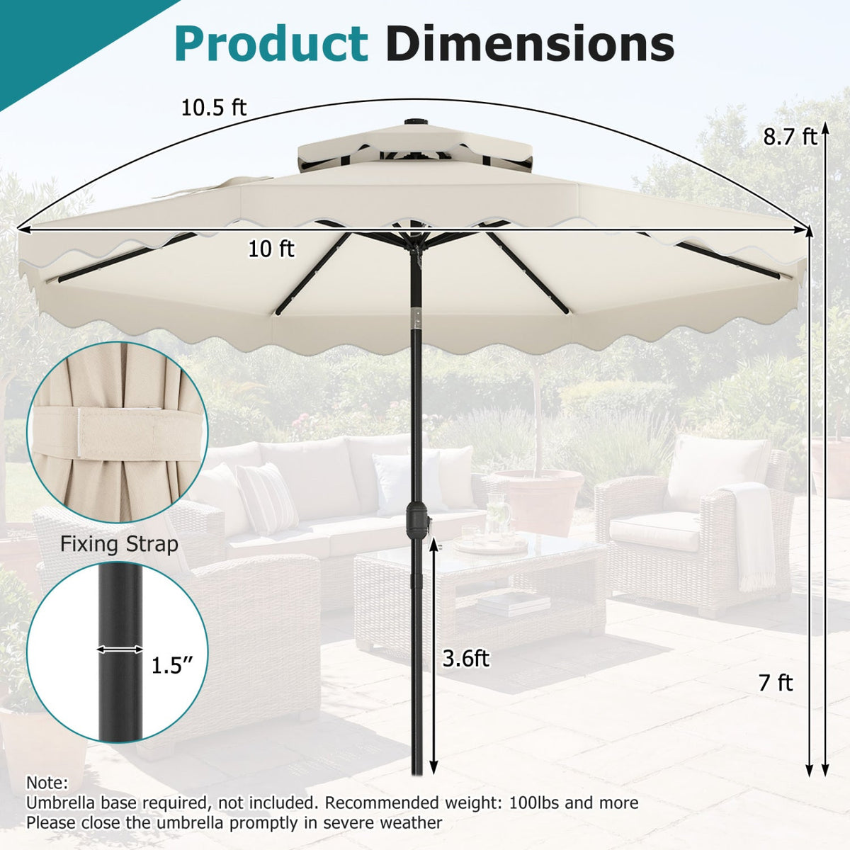 10 FT Solar LED Patio Umbrella for Deck and Pool