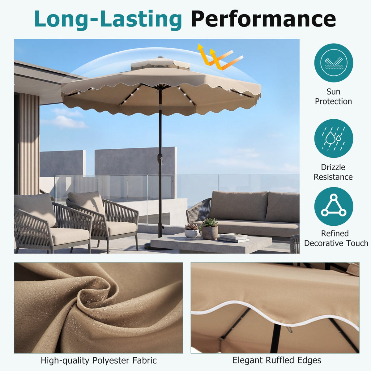 10 FT Solar LED Patio Umbrella for Deck and Pool