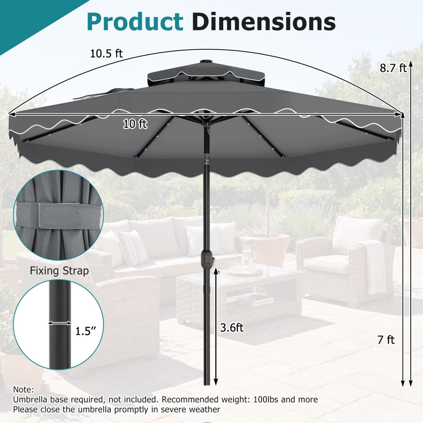 10 FT Solar LED Patio Umbrella for Deck and Pool