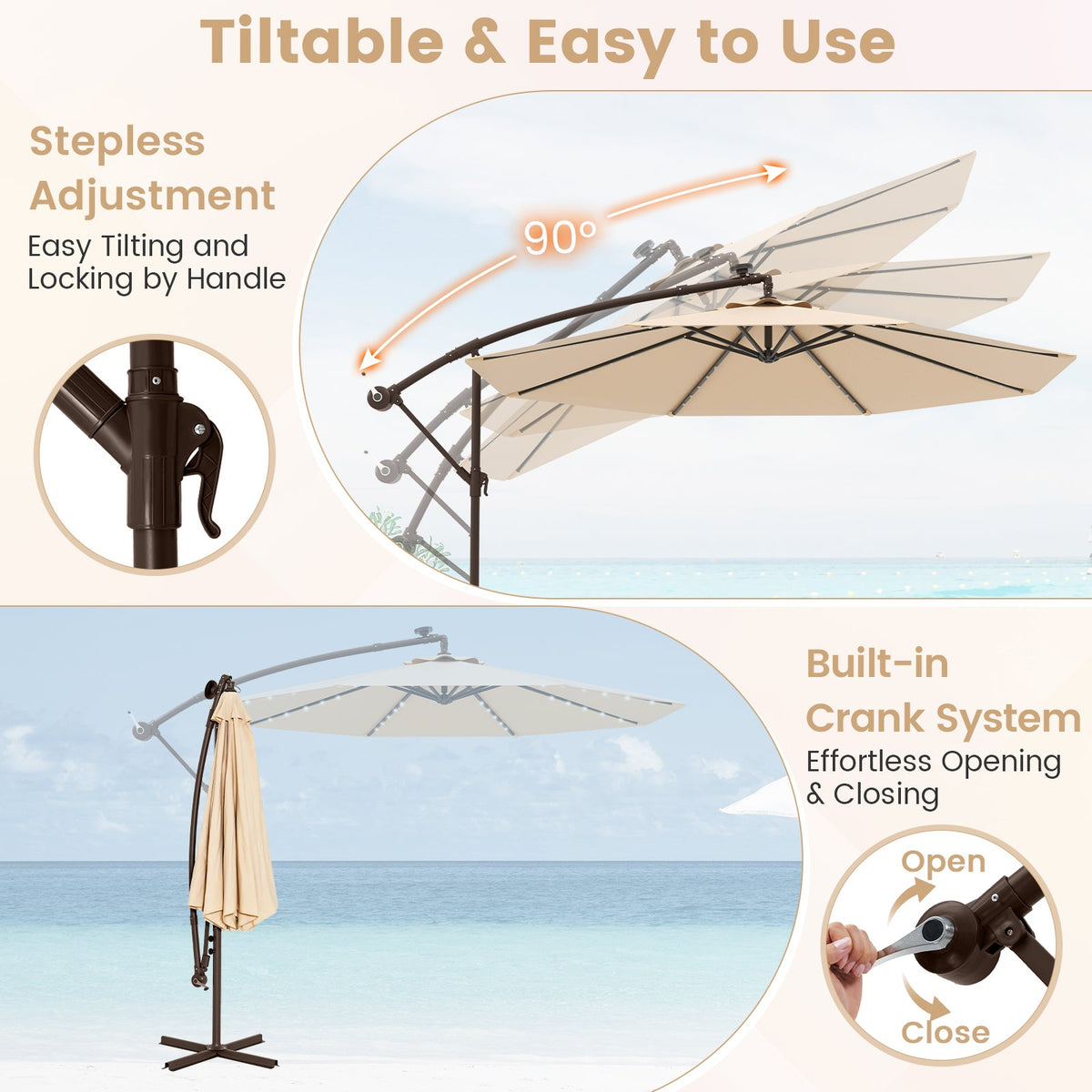 10 Feet Cantilever Umbrella with 32 LED Lights and Solar Panel Batteries